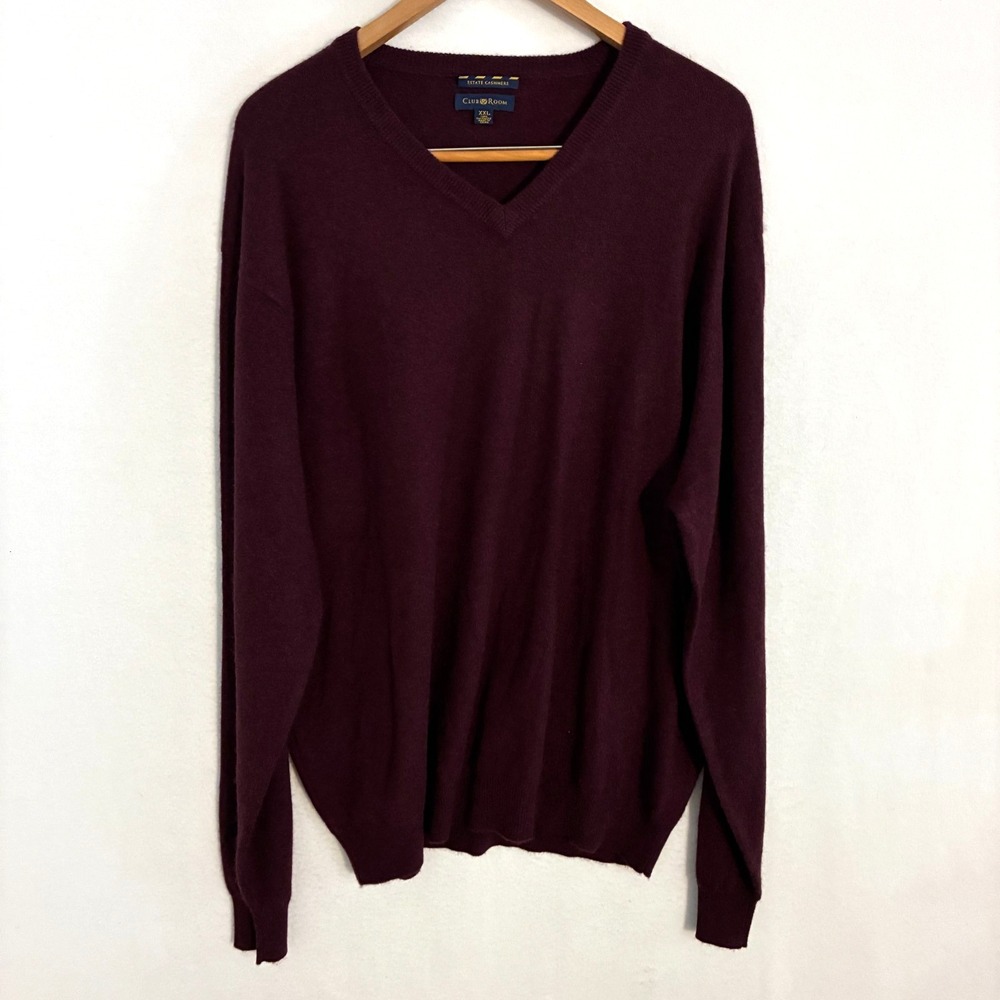 Club Room Estate Cashmere Sweater Men's 2XL Burgundy V Neck Party Office Preppy